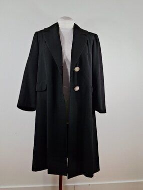 Vintage Sz L Custom Womens Heavy Black Wool Blend Long Trench Coat